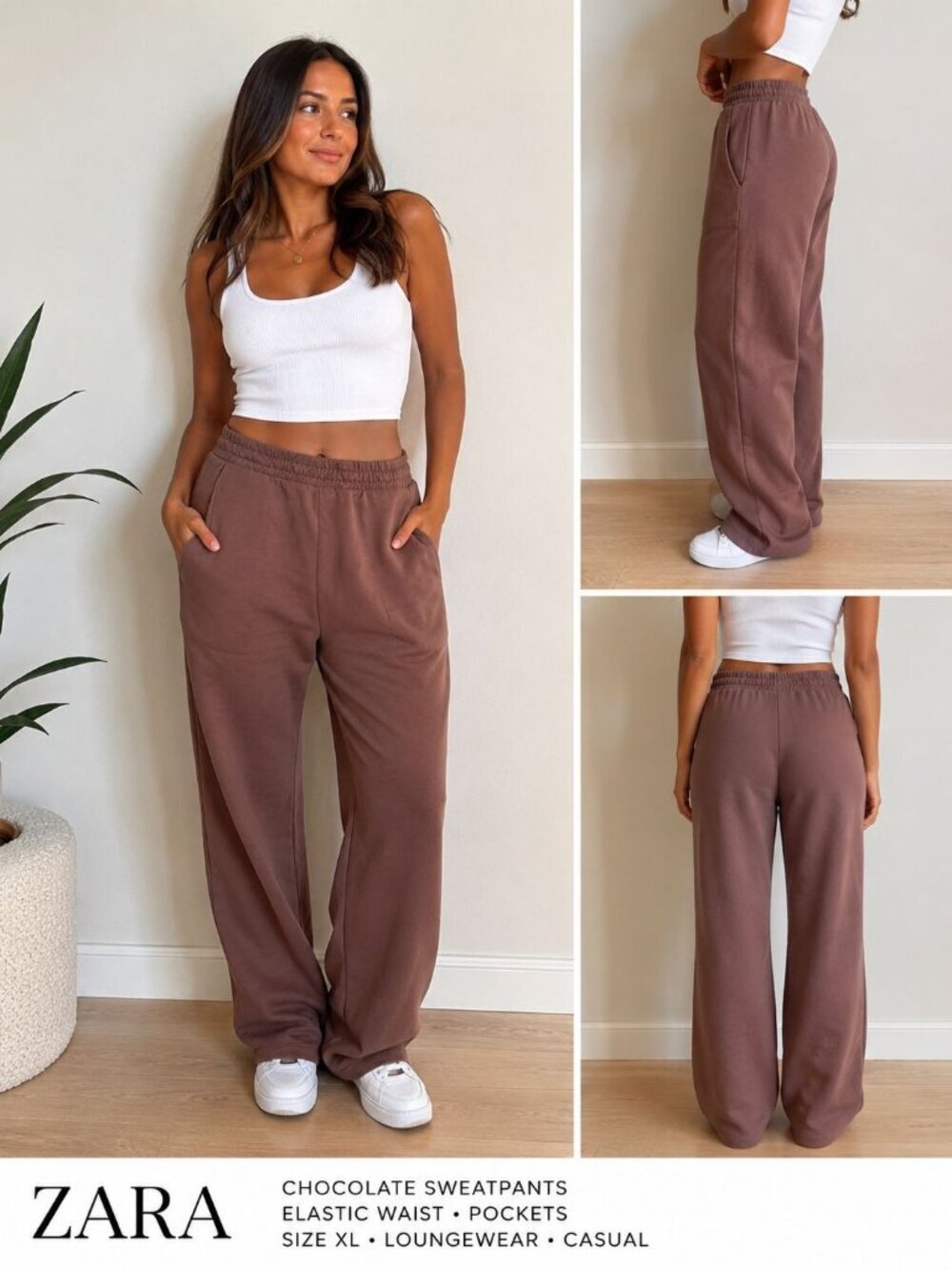 Zara Chocolate Sweatpants Elastic Waist Pockets Size XL Loungewear Causal
